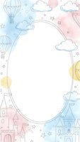 Whimsical fairy tale frame with hot air balloons, castles, clouds and stars in pastel watercolor style for children design projects.