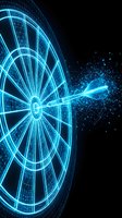 Glowing neon wheel with digital arrow piercing through particles on black background. Represents target achievement, business success, and data-driven strategy for tech and marketing projects.