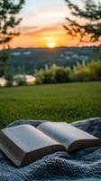 Open book on knitted blanket against scenic mountain sunset view, with golden sunlight illuminating pages while green grass and trees frame peaceful outdoor reading scene.