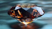 Brilliant cognac diamond with faceted cut reflects warm amber light against turquoise background, showcasing luxury gemstone's fire and brilliance in macro photography.