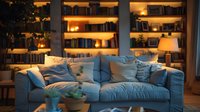 Cozy blue sofa with soft pillows in home library interior with warm lighting from table lamps and bookshelves creating relaxing evening atmosphere.