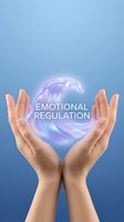 Open hands protecting glowing sphere with emotional regulation text on blue gradient background for mental health and wellness concepts.