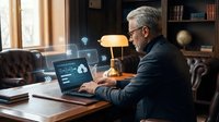 Senior businessman with gray hair and glasses working on laptop with digital interface icons in elegant home office with leather furniture and warm lighting.
