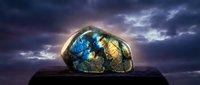 Luminous labradorite gemstone with blue and gold flashes on dark surface against dramatic stormy sky at twilight for spiritual and metaphysical concepts.