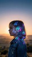 Young woman with digital brain network overlay showing wifi symbols and neural connections at sunset representing artificial intelligence and connectivity.