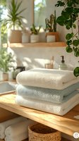 Folded soft towels on wooden shelf in sunlit bathroom with green plants and natural decor. Cozy spa atmosphere with morning light creating warm ambiance.