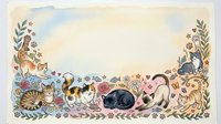 Watercolor floral border frame with sleeping cats and botanical elements on cream background for greeting cards and decorative designs.
