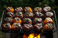 Juicy beef medallions with grilled peaches on barbecue grill rack, garnished with fresh herbs. Flames visible below, creating gourmet outdoor dining atmosphere.