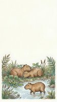 Watercolor capybaras resting by a lush riverside with reeds and greenery, soft natural tones, copy space above for text or design.