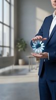 Middle-aged Caucasian male businessman in navy suit holding glowing digital teamwork icon between hands in modern office environment with window light.