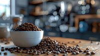 Fresh roasted coffee beans spilling from white ceramic bowl on wooden surface with blurred cafe interior background, perfect for coffee shop marketing and beverage industry designs.