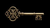 Ornate brass skeleton key with decorative floral bow isolated on transparent background, ready for t-shirt design, clipart, stickers, print-on-demand products and sublimation projects.