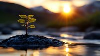 Young green plant growing from soil on small island in water at sunset, sun rays reflecting on calm surface. Nature awakening and new life concept.