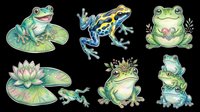 Colorful frog collection featuring six isolated amphibians in various poses with lily pads and plants, ready for t-shirt designs, stickers, clipart and print-on-demand projects on transparent background.