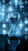 Digital hourglass with binary code sand flowing through glass chambers on reflective surface with blue bokeh lights background representing time and data.