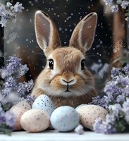 Adorable brown rabbit with Easter eggs among blooming cherry blossoms in magical spring scene with falling petals for holiday greeting cards.