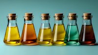 Row of six conical glass bottles with cork stoppers containing colorful liquids in yellow, amber, green, and brown against turquoise background.