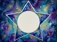 Cosmic star frame with galaxy background and blank circle space for text or logo design on starry nebula pattern with purple blue teal colors.