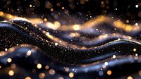 Magical flowing waves with golden and silver sparkles on dark background create dreamy cosmic atmosphere. Abstract glowing bokeh lights form ethereal pattern.