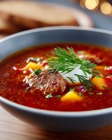 Traditional red borscht soup with tender meat, vegetables and fresh dill garnish served in dark ceramic bowl on wooden table. Close up view with selective focus.