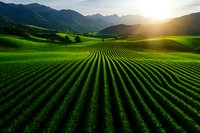 Rows of vibrant green crops stretch across rolling hills toward mountain silhouettes at sunset, creating geometric patterns in agricultural landscape. Golden sunlight illuminates fields.