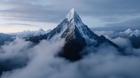 Majestic snow-capped mountain peak emerging through dramatic clouds at twilight with purple sky and surrounding alpine range creating breathtaking landscape.