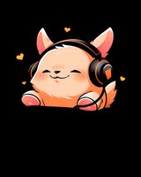 Cute kawaii fox character with headphones and hearts on black background, smiling with closed eyes. Isolated design for stickers and merchandise.