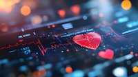 Digital medical interface showing heart rate monitor pulse trace with red heart symbols against dark background with bokeh lights and data visualization.