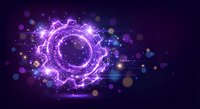 Futuristic purple neon circular interface with glowing particles and bokeh lights on dark background for technology and sci-fi design projects.