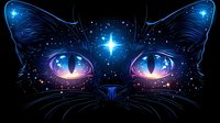 Mystical cat face with cosmic galaxy eyes and glowing star pattern, featuring ethereal blue outlines and purple nebula reflections against dark background.