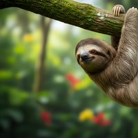 Adorable sloth hanging from tree branch in lush tropical rainforest with vibrant green foliage and colorful flowers creating natural wildlife habitat.