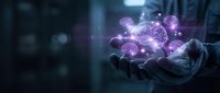 Digital neural network glowing in purple light held in open hand, representing artificial intelligence, technology innovation, and futuristic data processing for tech concepts.