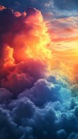 Dramatic sunset sky with vibrant orange and blue cumulus clouds creating ethereal atmosphere. Colorful cloudscape transitions from warm to cool tones in vertical composition.