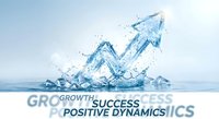 Water splash forming upward arrow symbolizing business growth and success with positive dynamics text overlay for corporate presentations and marketing materials.