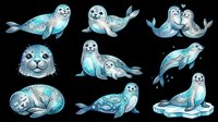 Cute cartoon seals set isolated on transparent background, ready for stickers, t-shirt design, clipart, print on demand, and sublimation projects.