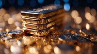 Stack of gold bars and coins with blurred bokeh background, representing wealth, investment, and financial security in luxury precious metal market.