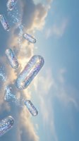 Glowing capsules with sparkling particles floating against soft blue sky background, representing medicine, healthcare, vitamins, supplements, pharmaceutical innovation and wellness concepts.