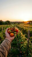 Farmer's hand holding fresh ripe tomatoes at sunset over a lush garden field, showcasing organic harvest and farm-to-table lifestyle.