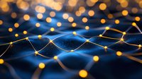 Glowing network mesh with golden light connections on dark blue background, abstract technology concept with bokeh effect and illuminated nodes.