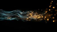Luminous golden particles flow through ethereal turquoise waves against dark background, creating magical energy effect for luxury brand designs and abstract compositions.