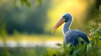 Majestic stork with blue-gray feathers and orange beak standing in natural environment against soft golden bokeh background, side view portrait in evening light.