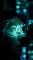 Person wearing futuristic glowing oxygen mask with neon cyan lights in dark tech environment. Male with visible eye, suitable for sci-fi, technology, and innovation concepts.