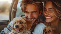 Young Caucasian couple laughing with two small mixed breed dogs in car backseat during road trip, expressing joy and companionship in natural sunlight.