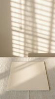 Blank white canvas on neutral linen surface with soft window shadow overlay, ideal for product mockups, branding presentations, and design templates.