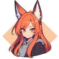 Anime style character portrait featuring orange-haired fox girl with pointed ears wearing black jacket and gray top against geometric background. Suitable for gaming avatars.