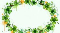 St. Patrick's Day festive frame with shamrocks, leprechaun hats and gold coins on white background for greeting cards and holiday designs.