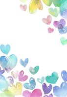 Soft watercolor hearts in pastel rainbow colors scattered on white background create romantic frame border, suitable for wedding stationery and Valentine designs.
