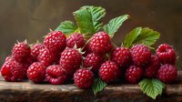 Fresh ripe raspberries scattered on rustic wooden surface with green leaves, bright red berries in natural lighting create appetizing food composition.
