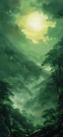 Mystical green forest landscape with full moon glowing through misty clouds, layered mountains and lush vegetation creating atmospheric depth and mystery.