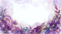 Watercolor purple and gold flowers with flowing leaves and splashes on white background, isolated for design use.